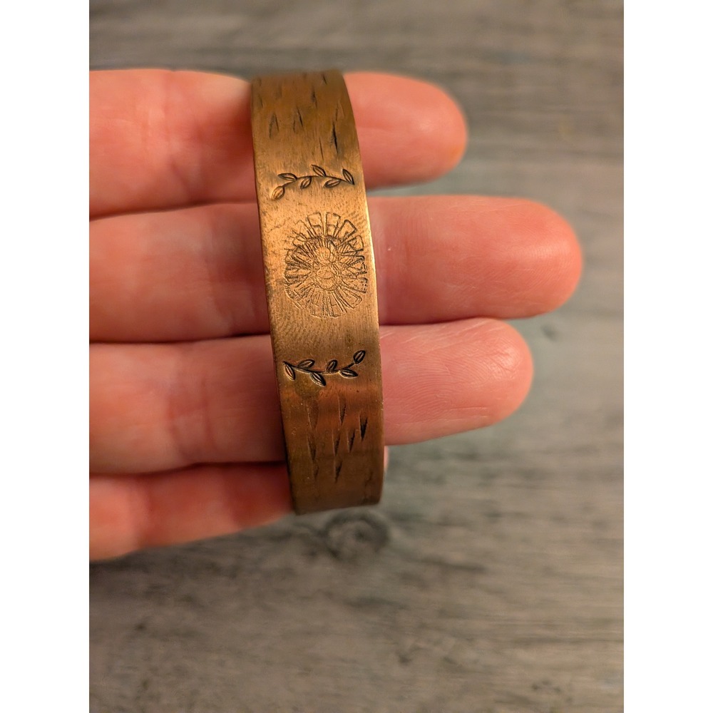 Vintage Etched Copper Sunflower Cuff Bracelet Artisan Boho Nature Jewelry